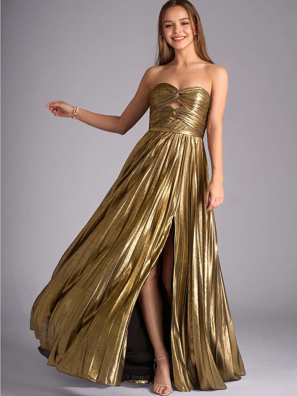 Azazie Strapless Metallic Gold Gown with Sweetheart Bodice - Picture 2 of 5